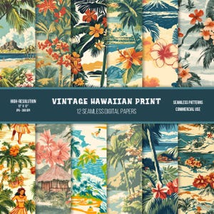 May include: A collection of 12 seamless digital papers with a vintage Hawaiian print. The designs feature tropical scenes with palm trees, flowers, and beach landscapes. The text on the image reads "Vintage Hawaiian Print" and "12 Seamless Digital Papers".