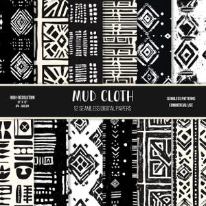 Op de afbeelding: Twaalf digitale papieren met zwart-witte geometrische patronen. De patronen zijn geïnspireerd op modderdoek, een traditioneel textiel uit Mali. De papieren zijn 30,5 cm bij 30,5 cm en 300 DPI.