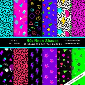 May include: Twelve digital papers featuring 90s neon shapes in a variety of colors and patterns. The papers are 12 inches by 12 inches and 300 DPI.  The text "90s Neon Shapes" and "12 Seamless Digital Papers" is included in the image.