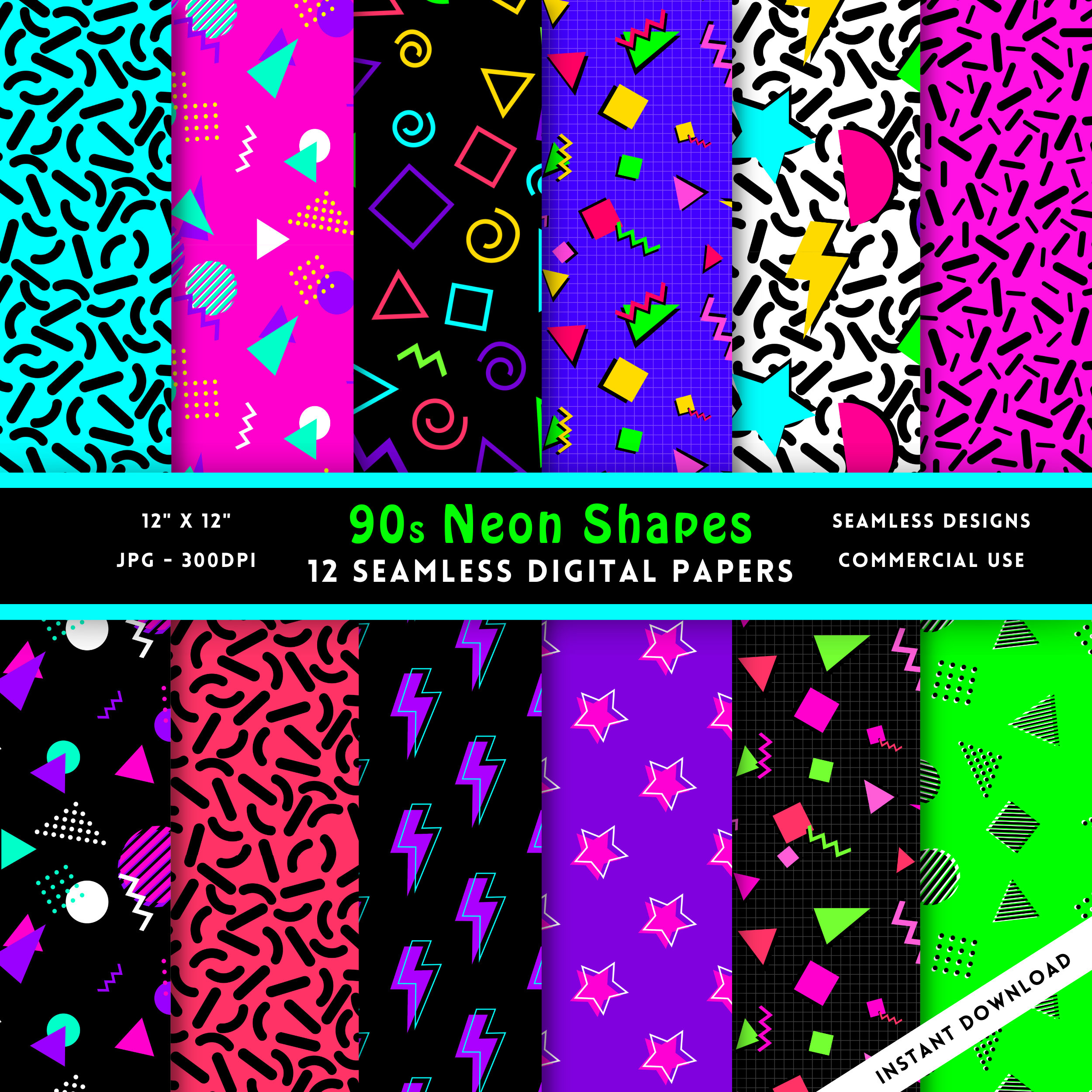 90s Neon Shapes Digital Paper: Seamless Retro Geometric Patterns (Digital Download)