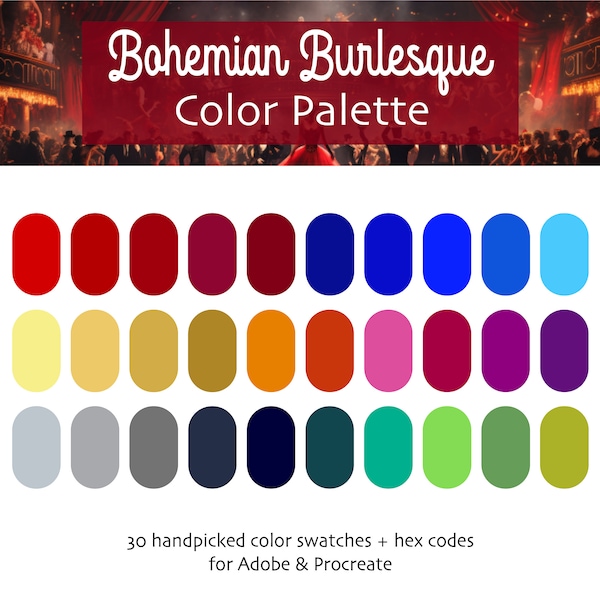 Bohemian Burlesque Procreate & Adobe Digital Color Palette | Instant Download | HEX Codes | Procreate | Swatches | Adobe | Parisian Glamour