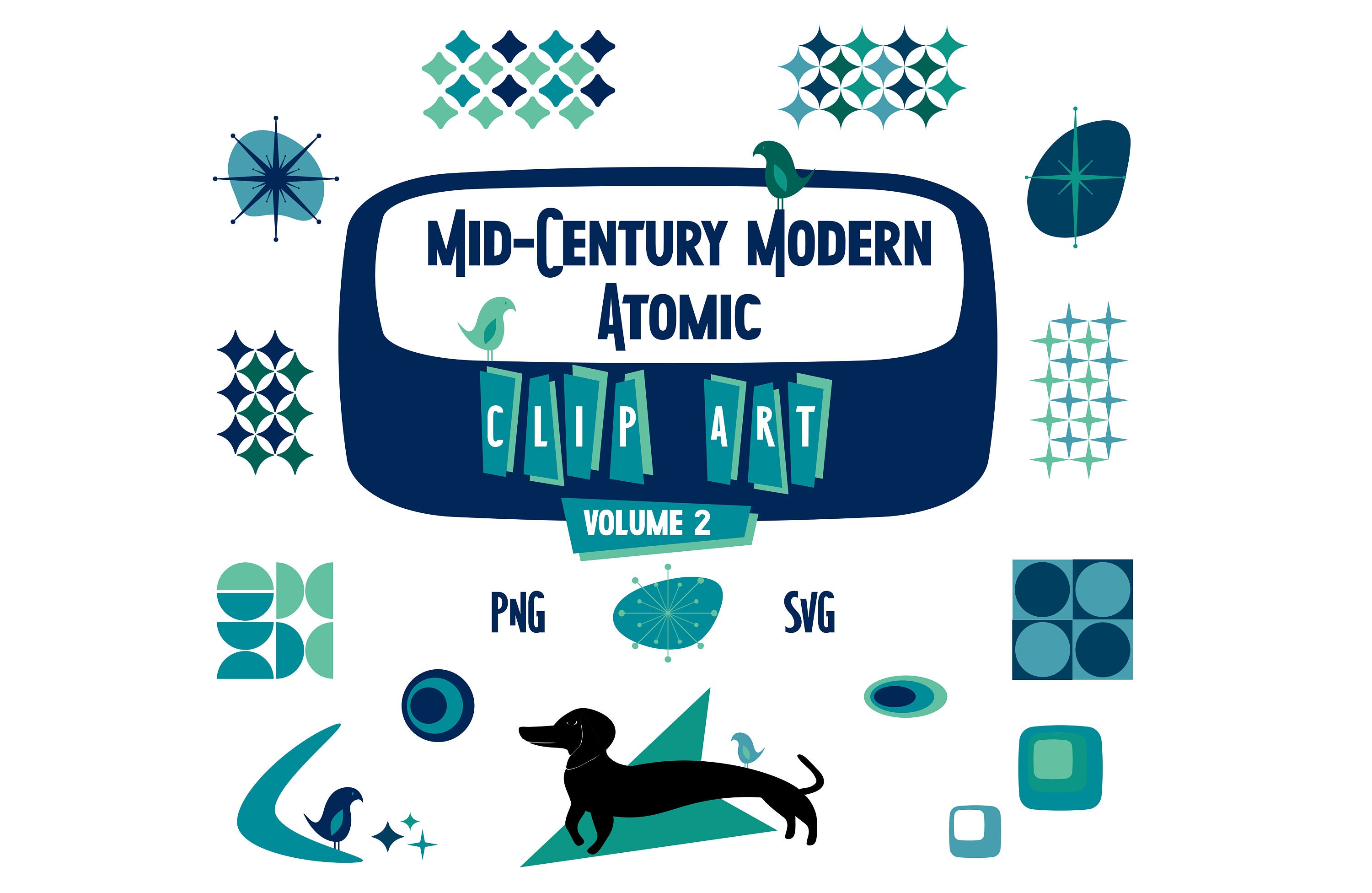 Mid-Century Modern Atomic Clip Art: Retro Graphic Elements in Blues and Greens (Digital Download)