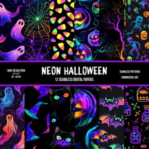 Puede incluir: Doce papeles digitales con diseños de Halloween de color neón. Los diseños incluyen fantasmas, calabazas, maíz dulce, murciélagos, gatos, sombreros de bruja y botellas de poción. Los papeles son sin costuras y se pueden utilizar con fines comerciales.