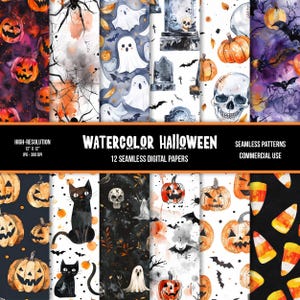 Watercolor Halloween Seamless Digital Paper | Classic Halloween | Commercial Use | JPG | Jack-o-lanterns | Ghosts | Black Cats | Bats