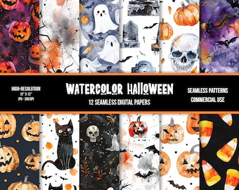 Papel digital sin costuras de Halloween con acuarela / Halloween clásico / Uso comercial / JPG / Calabazas / Fantasmas / Gatos negros / Murciélagos