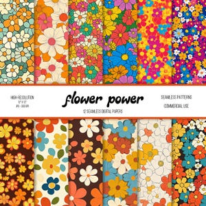 Może przedstawiać: Kolekcja 12 bezszwowych papierów cyfrowych z retro kwiatowym wzorem. Papiery przedstawiają kolorowe wzory kwiatowe w różnych schematach kolorystycznych, w tym pomarańczowym, różowym, żółtym i niebieskim. Tekst "flower power" jest wyświetlany.