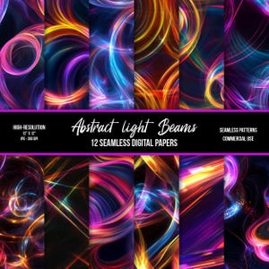 May include: Twelve digital papers featuring abstract light beams in vibrant colours like pink, blue, yellow, and orange. The papers are seamless and high-resolution, measuring 30.48 cm by 30.48 cm at 300 DPI.
