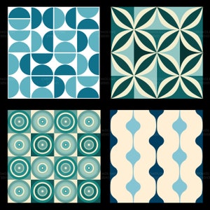 K&ouml;nnte beinhalten: Vier geometrische Retro-Muster in Blau-, T&uuml;rkis- und Cremet&ouml;nen vor schwarzem Hintergrund. Die Designs umfassen Halbkreise, vierbl&auml;ttrige Formen, konzentrische Kreise und ein wellenf&ouml;rmiges Muster. Die Muster stammen von Chromolume Studio.
