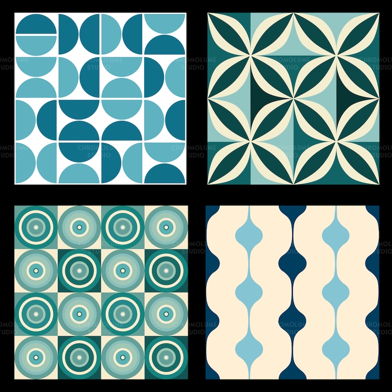 K&ouml;nnte beinhalten: Vier geometrische Retro-Muster in Blau-, T&uuml;rkis- und Cremet&ouml;nen vor schwarzem Hintergrund. Die Designs umfassen Halbkreise, vierbl&auml;ttrige Formen, konzentrische Kreise und ein wellenf&ouml;rmiges Muster. Die Muster stammen von Chromolume Studio.