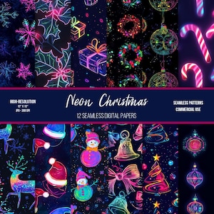 Può includere: Una collezione di 12 carte digitali senza giunture con illustrazioni natalizie in stile neon su sfondo nero, tra cui fiocchi di neve, agrifoglio, regali, ghirlande, palline, bastoncini di zucchero, renne, cappelli, pupazzi di neve, campane e alberi.
