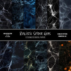 May include: Twelve digital papers featuring seamless patterns of realistic spider webs in various shades of gray and blue. The papers are 12 inches by 12 inches and 300 DPI.
