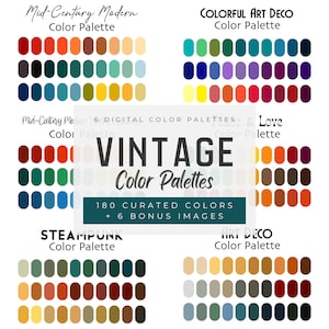 Könnte beinhalten: Digitales Bild mit sechs Vintage-Farbpaletten, darunter Mid-Century Modern, Colorful Art Deco und Steampunk. Jede Palette zeigt kuratierte Farbmuster mit insgesamt 180 Farben und 6 Bonusbildern. Der Text "VINTAGE Color Palettes" ist prominent dargestellt.