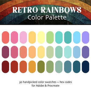 Könnte beinhalten: Eine Farbpalette mit 30 handverlesenen Farbmustern mit Hex-Codes für Adobe und Procreate. Die Muster sind nach Jahrzehnten geordnet, beginnend mit den 1950er Jahren und endend mit den 1970er Jahren. Jedes Jahrzehnt umfasst 10 Farbmuster, die von warmen bis zu kalten Tönen reichen.