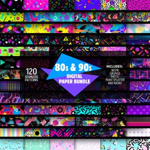 Può includere: Un pacchetto di carta digitale con 120 motivi senza cuciture ispirati agli anni '80 e '90. I motivi includono neon, grunge, pastello, schizzi di vernice e altro ancora.