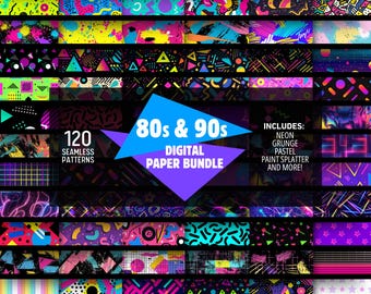 Retro 80s 90s Digital Paper Bundle: Seamless Neon, Grunge, Pastel Patterns (Digital Download)