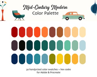 Mid-Century Modern Color Palette: 30 Vintage Hues for Procreate & Adobe (Digital Download)