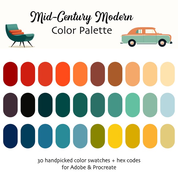 Mid-Century Modern Procreate & Adobe Digital Color Palette | Instant Download | HEX Codes | Procreate | Swatches | Adobe | Retro Style