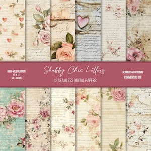 Papel digital sin costuras con letras Shabby Chic / Uso comercial / Alta resolución / Imprimible para el día de San Valentín / Álbum de recortes / Diario basura / Amor