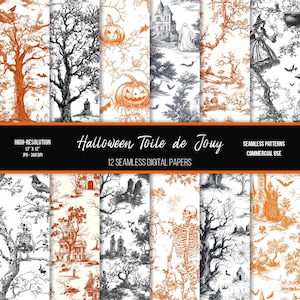 May include: Twelve digital papers featuring Halloween-themed toile patterns in black, orange, and white. The patterns include pumpkins, skeletons, bats, crows, haunted houses, and witches. The papers are 30.5 cm by 30.5 cm and 300 DPI.