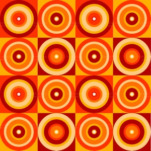 K&ouml;nnte beinhalten: Ein sich wiederholendes Muster aus Quadraten, die jeweils konzentrische Kreise enthalten. Die Kreise verlaufen von einem hellcremefarbenen Zentrum &uuml;ber Orange- und Gelbt&ouml;ne bis zu einem dunkelroten Rand. Das Design hat einen Retro-Look.