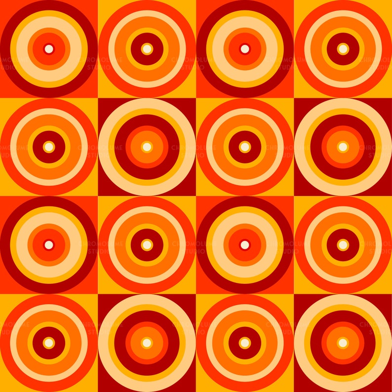 K&ouml;nnte beinhalten: Ein sich wiederholendes Muster aus Quadraten, die jeweils konzentrische Kreise enthalten. Die Kreise verlaufen von einem hellcremefarbenen Zentrum &uuml;ber Orange- und Gelbt&ouml;ne bis zu einem dunkelroten Rand. Das Design hat einen Retro-Look.