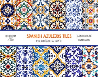 Spanish Azulejo Tile Digital Paper: Seamless Mediterranean Patterns (Digital Download)