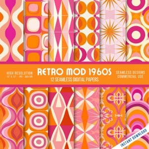 Retro Mod 1960er Jahre Seamless Digital Papier | Kommerzielle Nutzung | Hochauflösend | 300 dpi | JPG | Pink und Orange | Jahrgang