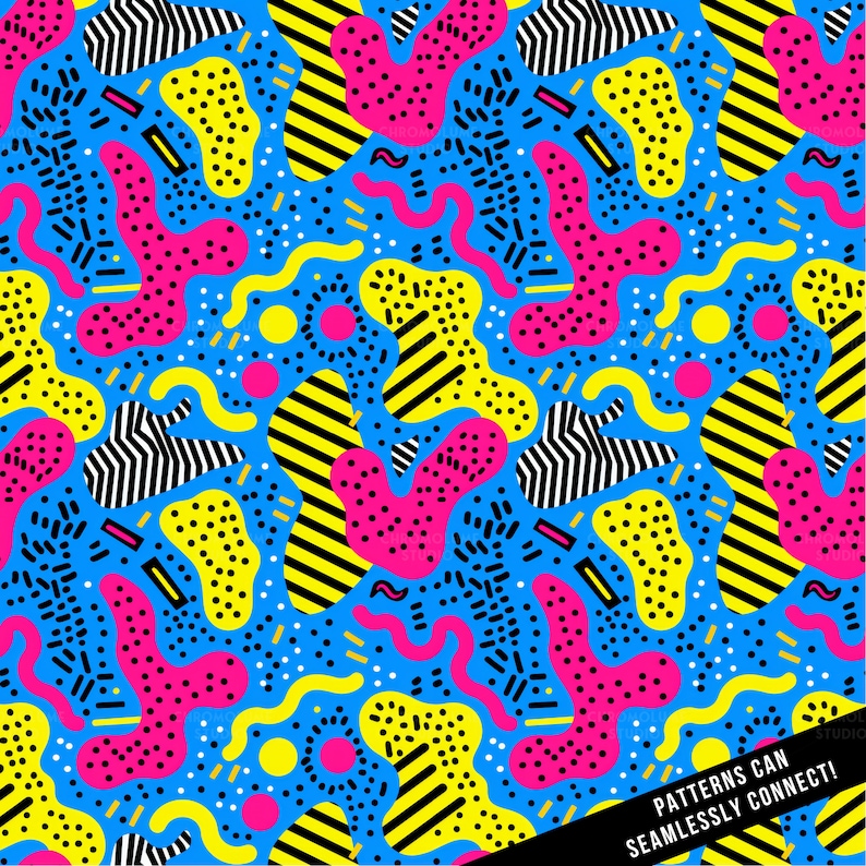 May include: A seamless pattern with a retro 80s and 90s style. The pattern features a variety of geometric shapes in yellow, pink, black, and white on a blue background. The text "PATTERNS CAN SEAMLESSLY CONNECT!" is at the bottom of the image.