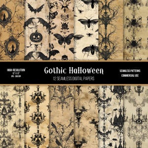 May include: Twelve digital papers featuring gothic Halloween designs. The papers are beige with black patterns of bats, spiders, skulls, and other spooky elements. The text "Gothic Halloween" and "12 Seamless Digital Papers" is included in the image.