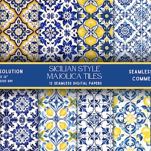 Peut inclure: Douze motifs de papier numérique sans couture représentant des carreaux de majolique bleus et jaunes. Les carreaux sont de style sicilien traditionnel avec des motifs floraux et géométriques. Les papiers mesurent 30,5 cm sur 30,5 cm et 300 DPI.