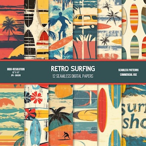 Puede incluir: Doce diseños de papel digital con temas de surf retro. Los diseños incluyen tablas de surf, palmeras, puestas de sol y furgonetas vintage. Los papeles son sin costuras y perfectos para manualidades y scrapbooking.