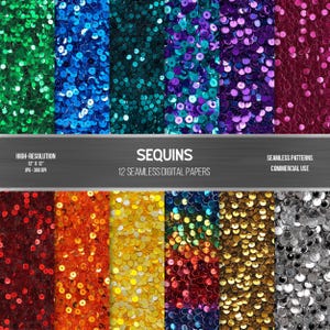 Könnte beinhalten: Zwölf digitale Papiere mit nahtlosen Mustern aus bunten Pailletten. Jedes Muster ist 30,48 cm x 30,48 cm groß und hat 300 DPI.