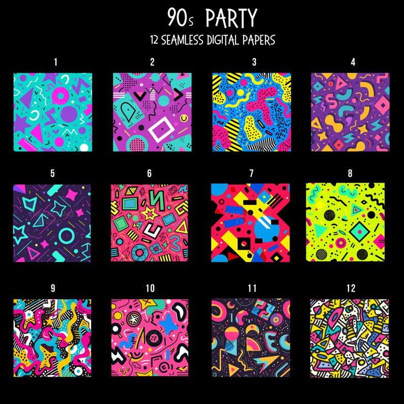 May include: Twelve digital paper designs in a 90s party theme. The patterns feature bright colors, geometric shapes, and abstract designs. The patterns are arranged in a grid with numbers 1 through 12.