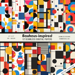 May include: Twelve digital papers featuring geometric patterns in a Bauhaus style. The patterns include circles, squares, rectangles, and lines in black, white, red, yellow, and blue.
