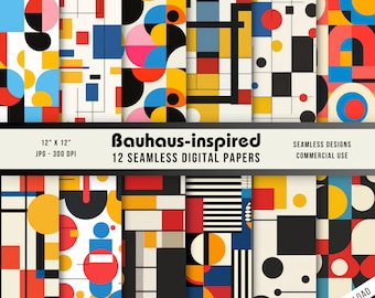 Könnte beinhalten: Zwölf digitale Papiere mit geometrischen Mustern im Bauhaus-Stil. Die Muster umfassen Kreise, Quadrate, Rechtecke und Linien in Schwarz, Weiß, Rot, Gelb und Blau.