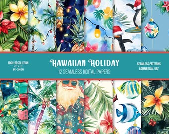 Hawaiian Holiday Digital Paper: Seamless Tropical Christmas Patterns (Digital Download)