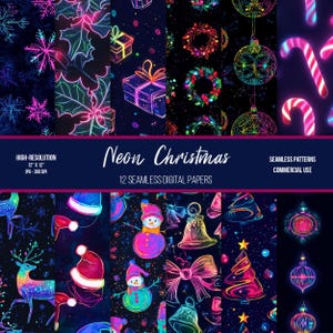 Könnte beinhalten: Zwölf digitale Papiere mit Neon-Weihnachtsmotiven. Die Designs beinhalten Schneeflocken, Stechpalmen, Geschenke, Kränze, Ornamente, Zuckerstangen, Rentiere, Weihnachtsmannmützen, Schneemänner, Glocken, Schleifen und Weihnachtsbäume. Die Papiere sind nahtlos und hochauflösend, mit einer Größe von 30,5 cm x 30,5 cm bei 300 DPI.