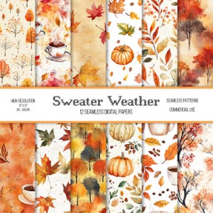 Puede incluir: Doce papeles digitales con patrones otoñales. Los patrones incluyen hojas, árboles, calabazas, tazas de café y un fondo de acuarela. El texto "Sweater Weather" y "12 Seamless Digital Papers" está incluido en la imagen.