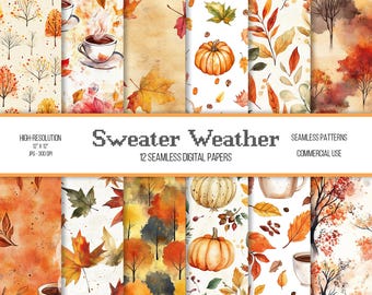 Könnte beinhalten: Zwölf digitale Papiere mit Herbstmustern. Die Muster umfassen Blätter, Bäume, Kürbisse, Kaffeetassen und einen Aquarellhintergrund. Der Text "Sweater Weather" und "12 Seamless Digital Papers" ist im Bild enthalten.