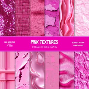 Puede incluir: Doce texturas de papel digital en varios tonos de rosa. Las texturas incluyen lentejuelas, tejido tejido, papel arrugado, pintura agrietada y remolinos líquidos. Los papeles miden 30,5 cm por 30,5 cm y 300 DPI.