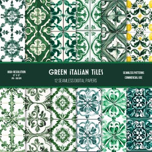 Może przedstawiać: Dwunastu cyfrowych papierów z bezszwowymi wzorami zielonych i białych włoskich płytek. Płytki mają tradycyjny wzór z motywami kwiatowymi.