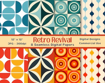 Retro Geometric Digital Paper: Seamless 60s 70s Vintage Patterns (Digital Download)