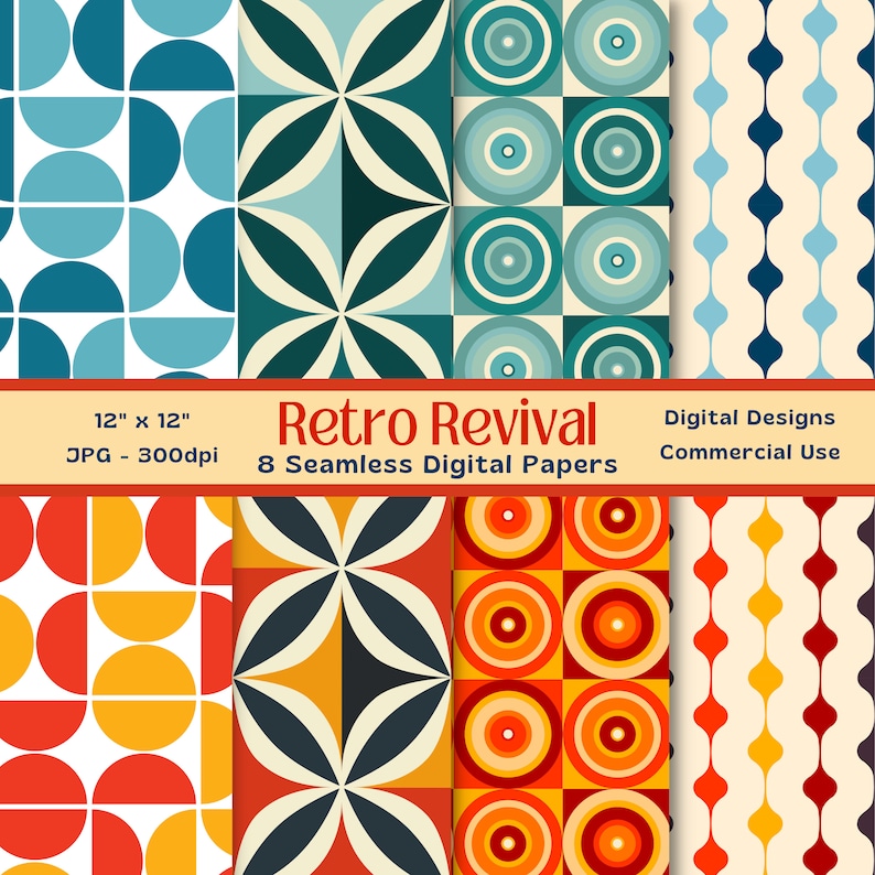 K&ouml;nnte beinhalten: Eine Sammlung von acht nahtlosen digitalen Papieren mit Retro-Geometrie-Mustern. Designs umfassen Kreise, Sternausbr&uuml;che und andere Formen in T&uuml;rkis, Orange und Creme. Der Text "Retro Revival" und "12" x 12"" sind sichtbar.