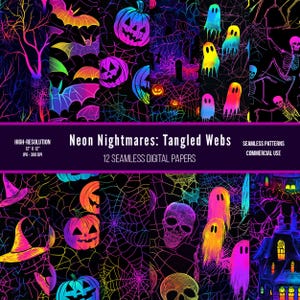 May include: Twelve digital papers featuring neon-colored Halloween designs. The designs include pumpkins, ghosts, bats, skulls, spiderwebs, and a haunted house. The papers are seamless and can be used for commercial purposes.