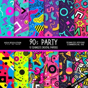 90er Jahre Party Nahtloses Digitales Papier | Kommerzielle Nutzung | Hochauflösend | 300 dpi | JPG | 1980er Jahre | 1990er Jahre | Helle Farben | Lustige Formen