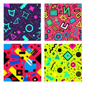 May include: Four different seamless patterns with geometric shapes in bright colors like pink, blue, yellow, green, and black on a white background. The patterns are made up of squares, circles, triangles, and stars.