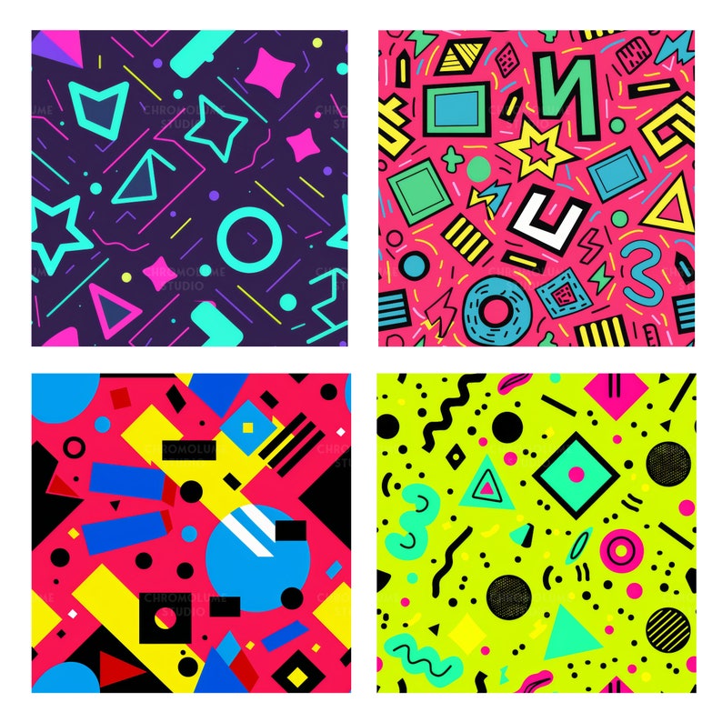 May include: Four different seamless patterns with geometric shapes in bright colors like pink, blue, yellow, green, and black on a white background. The patterns are made up of squares, circles, triangles, and stars.