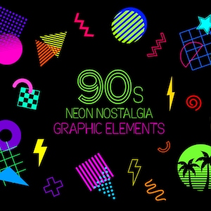 May include: A collection of 90s neon graphic elements, including geometric shapes, lightning bolts, stars, and a palm tree silhouette. The text "90s Neon Nostalgia Graphic Elements" is displayed in the center.