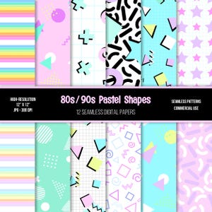 Pastel 80s 90s Shapes Digital Paper: Seamless Retro Patterns (Digital Download)