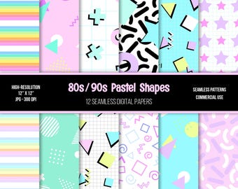 Pastel 80s 90s Shapes Digital Paper: Seamless Retro Patterns (Digital Download)